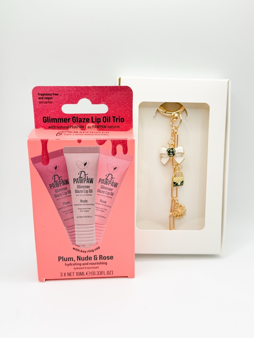Dr. PAWPAW Glimmer Glaze Lip Oil Trio + Pearl Bloom Charm Gift Set NWT